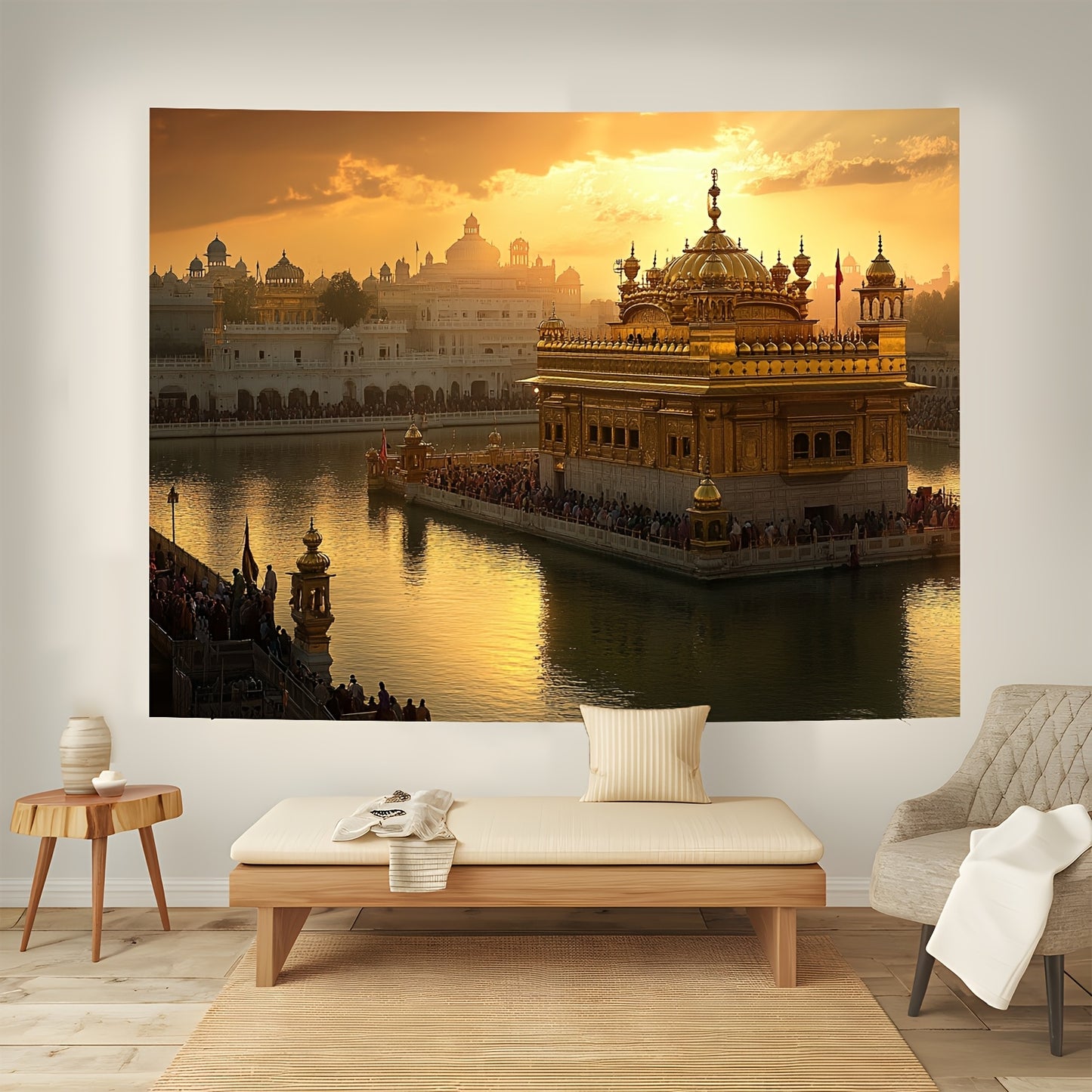 Einzigartig gestalteter Hintergrund mit dem Goldenen Tempel bei SonnenuntergangGroßes Rahmenloses Gemälde der Indischen Architektur
