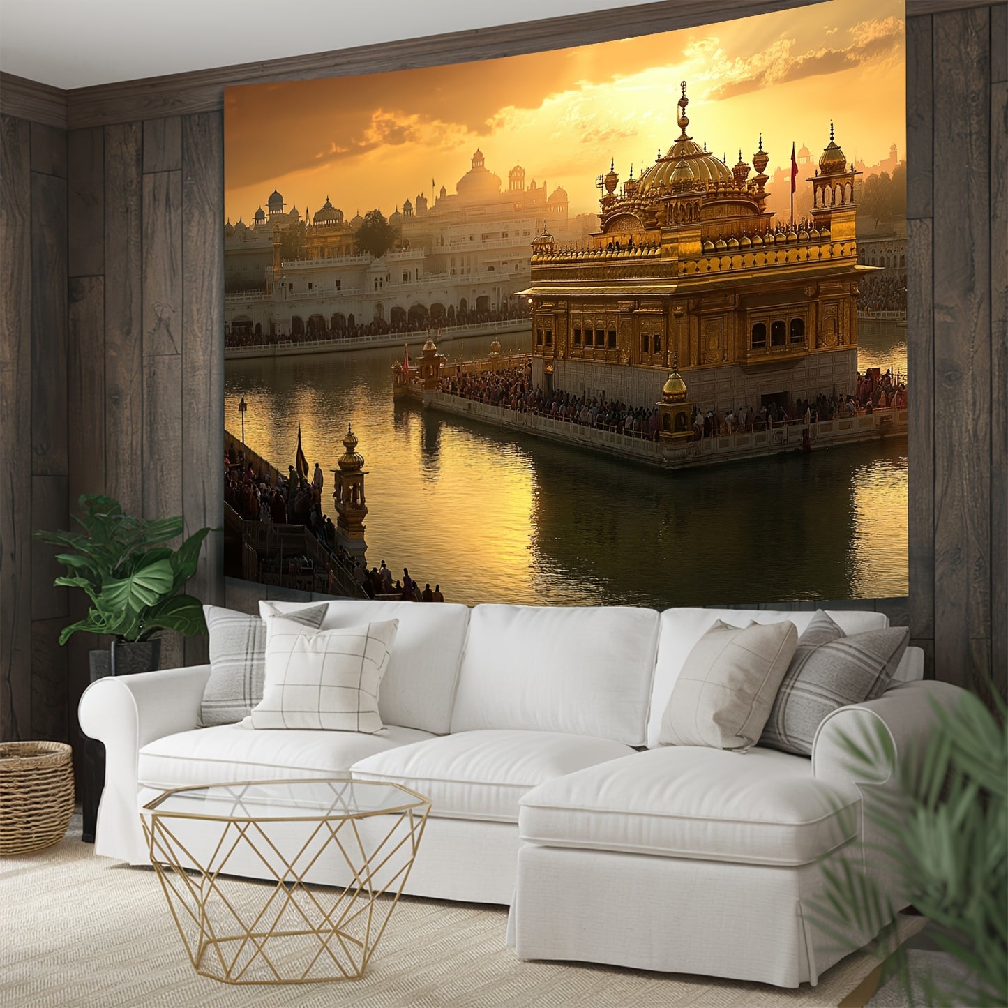 Einzigartig gestalteter Hintergrund mit dem Goldenen Tempel bei SonnenuntergangGroßes Rahmenloses Gemälde der Indischen Architektur