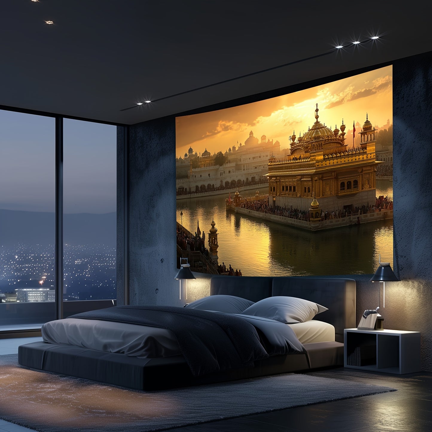 Einzigartig gestalteter Hintergrund mit dem Goldenen Tempel bei SonnenuntergangGroßes Rahmenloses Gemälde der Indischen Architektur