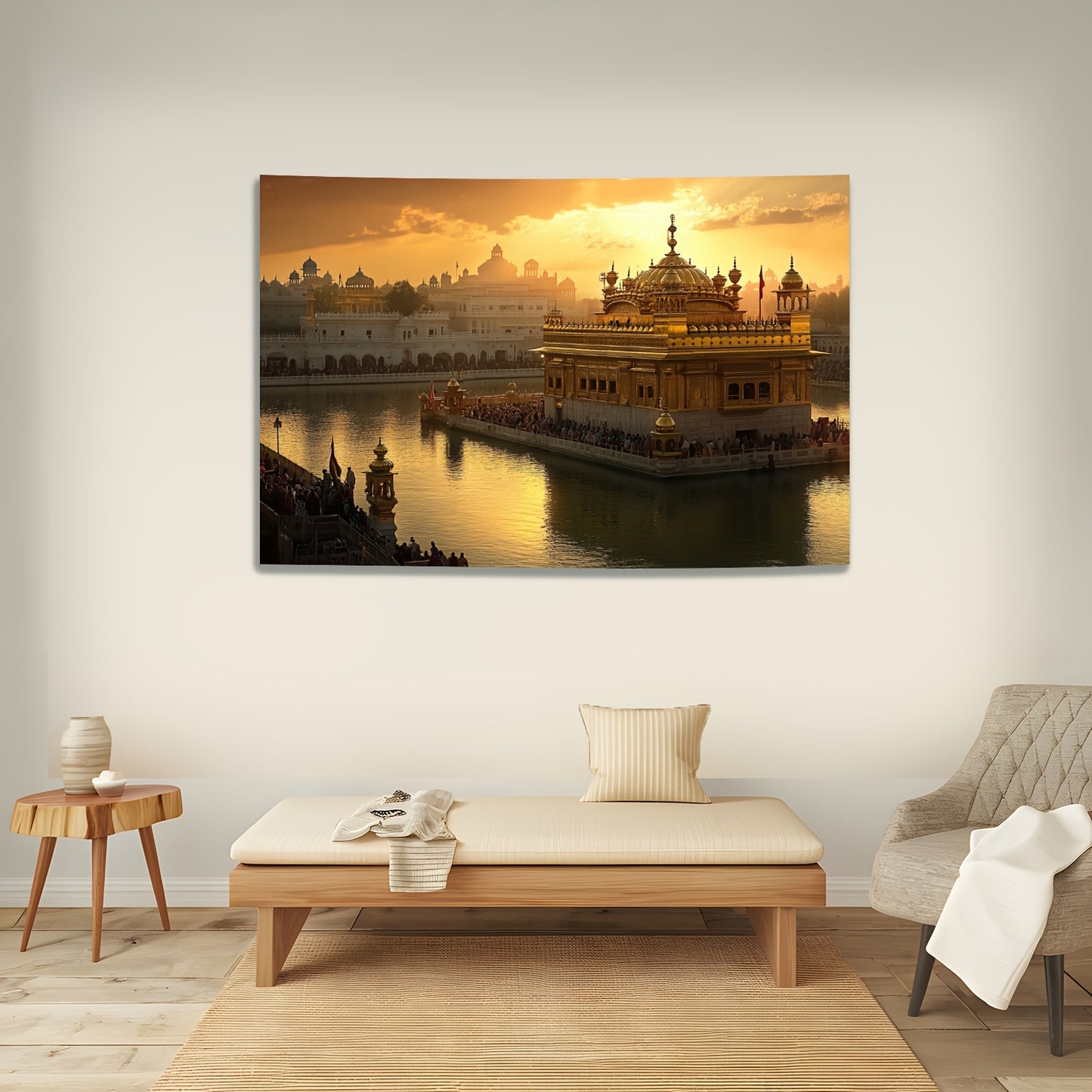Einzigartig gestalteter Hintergrund mit dem Goldenen Tempel bei SonnenuntergangGroßes Rahmenloses Gemälde der Indischen Architektur