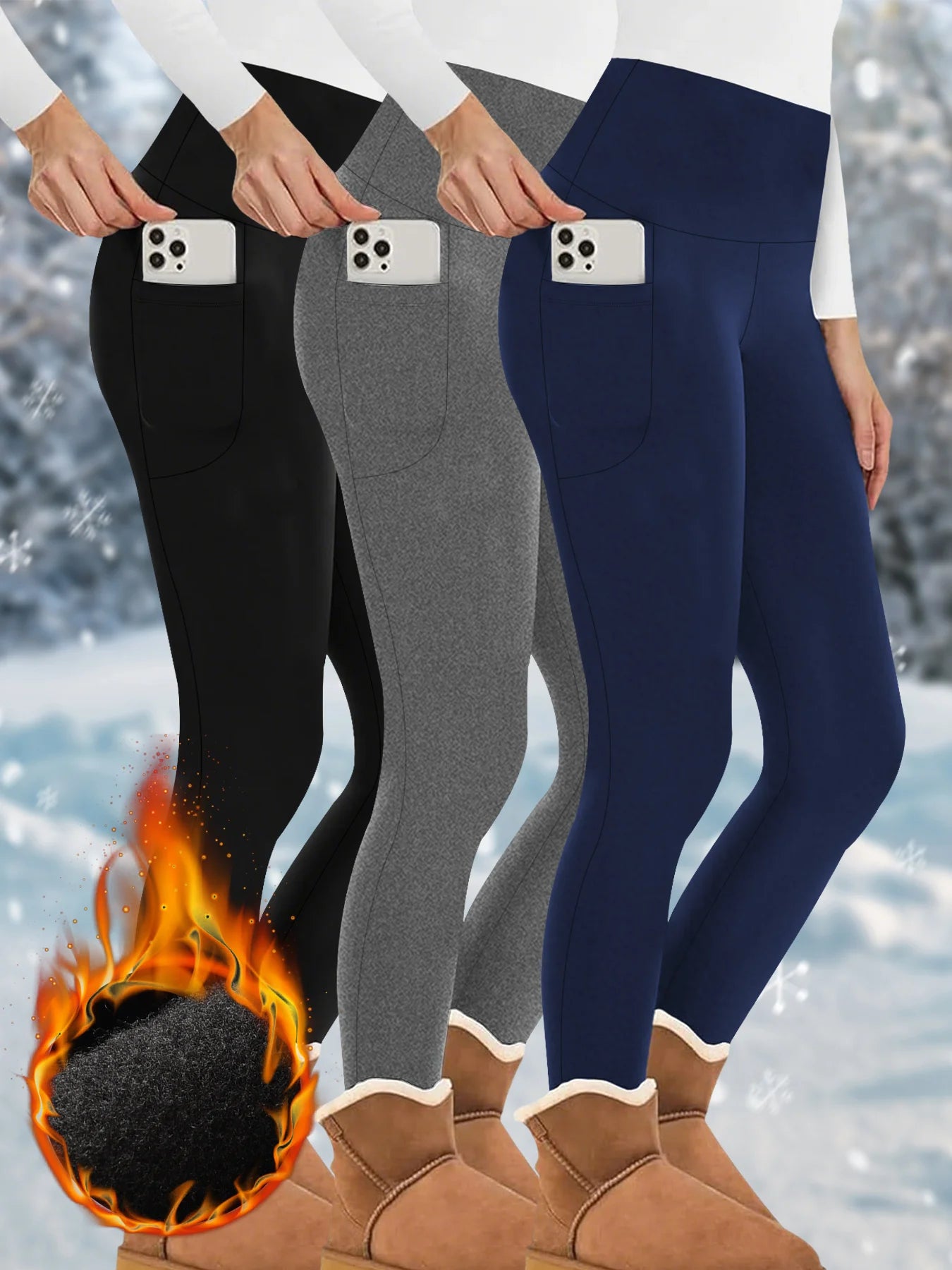 3 Pack Womens Thermal Fleece Lined High Waisted with pockets Leggings, Workout Winter Warm Thick Tights Soft Yoga Running Pants