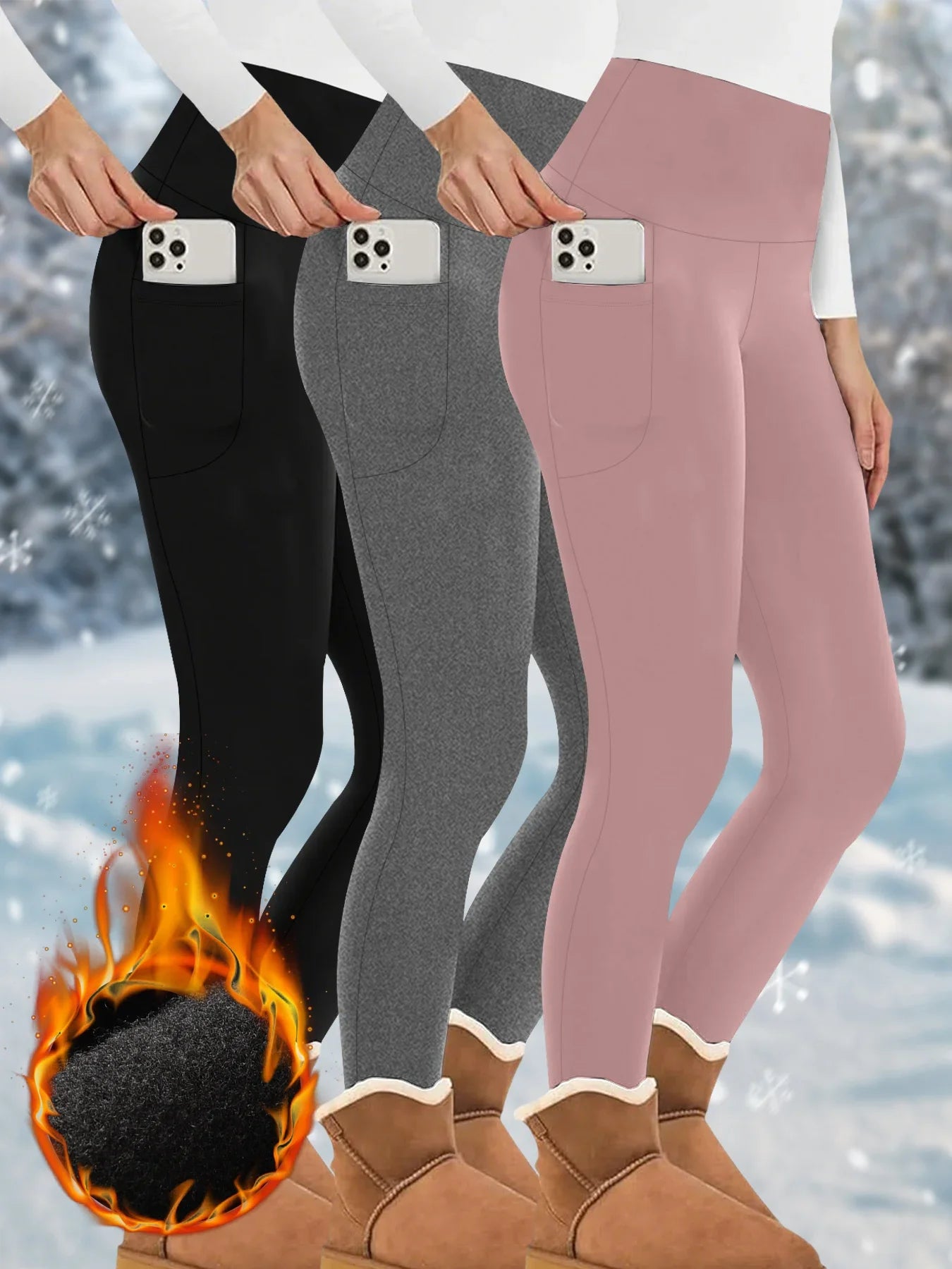 3 Pack Womens Thermal Fleece Lined High Waisted with pockets Leggings, Workout Winter Warm Thick Tights Soft Yoga Running Pants