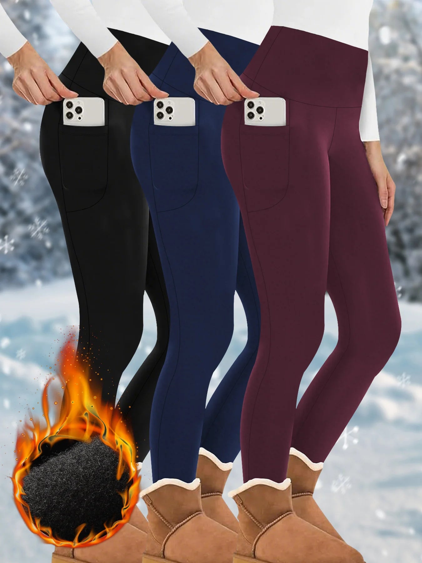 3 Pack Womens Thermal Fleece Lined High Waisted with pockets Leggings, Workout Winter Warm Thick Tights Soft Yoga Running Pants