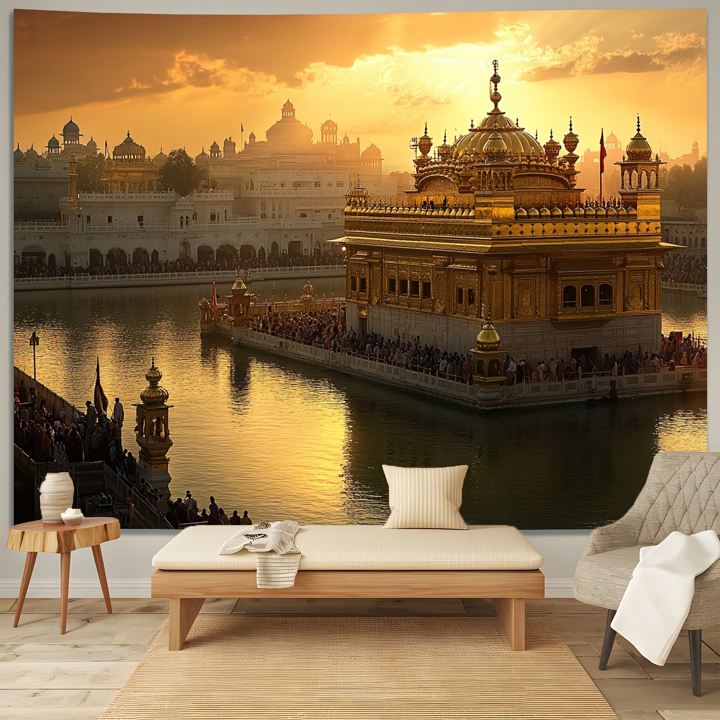 Einzigartig gestalteter Hintergrund mit dem Goldenen Tempel bei SonnenuntergangGroßes Rahmenloses Gemälde der Indischen Architektur