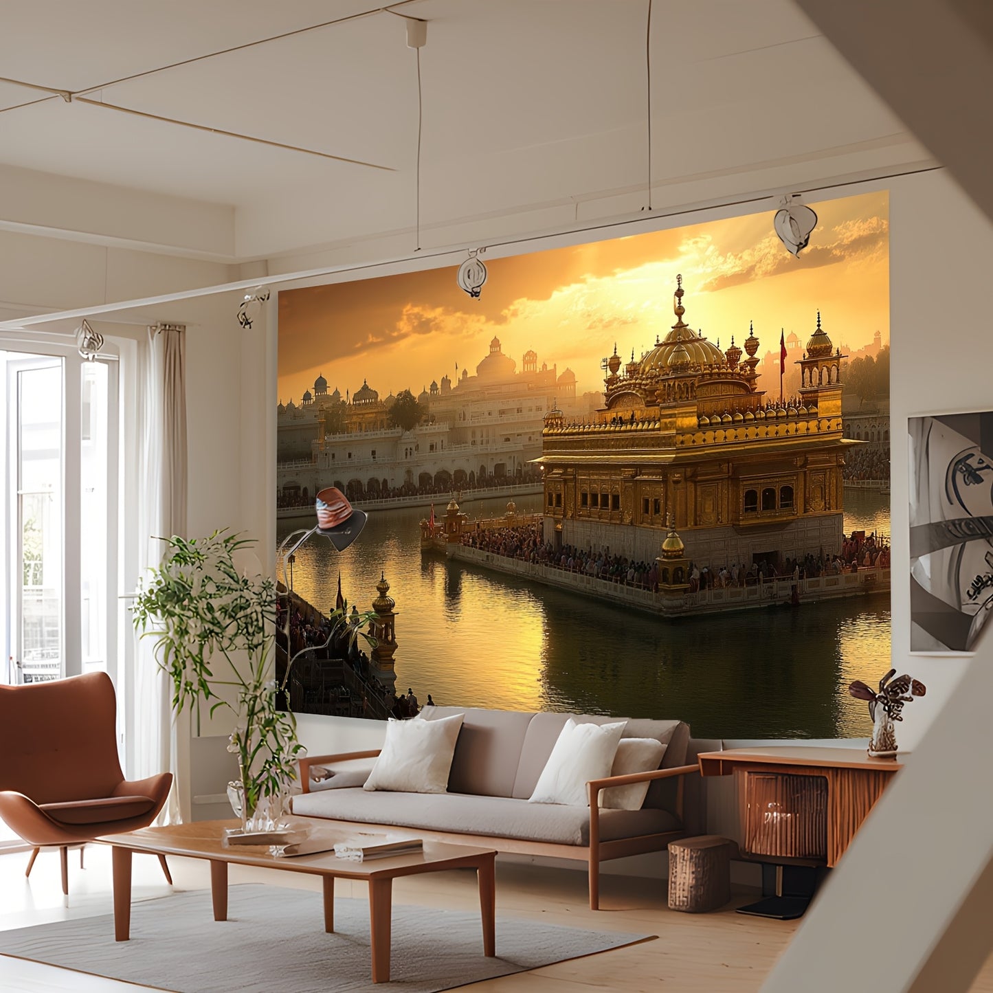 Einzigartig gestalteter Hintergrund mit dem Goldenen Tempel bei SonnenuntergangGroßes Rahmenloses Gemälde der Indischen Architektur
