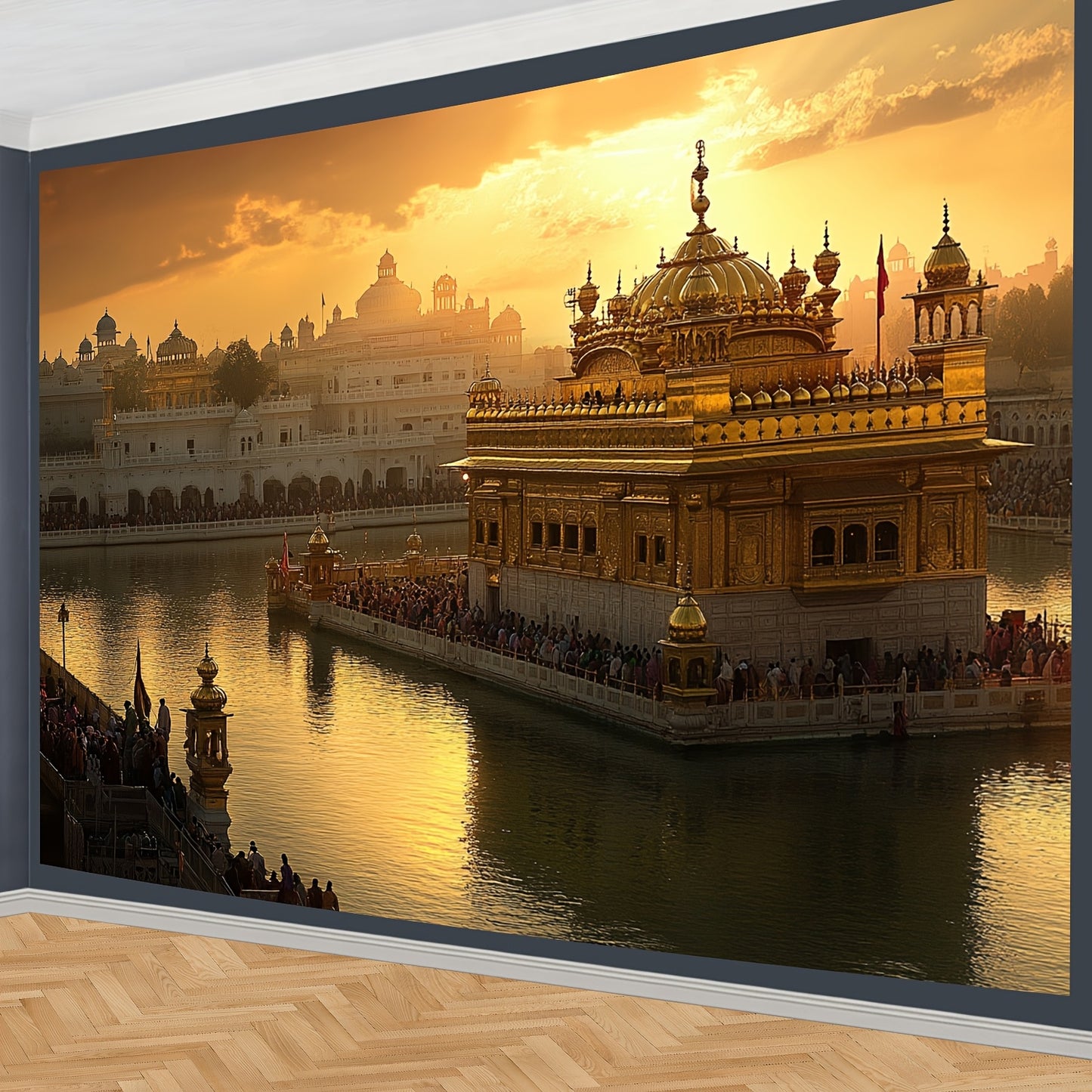 Einzigartig gestalteter Hintergrund mit dem Goldenen Tempel bei SonnenuntergangGroßes Rahmenloses Gemälde der Indischen Architektur